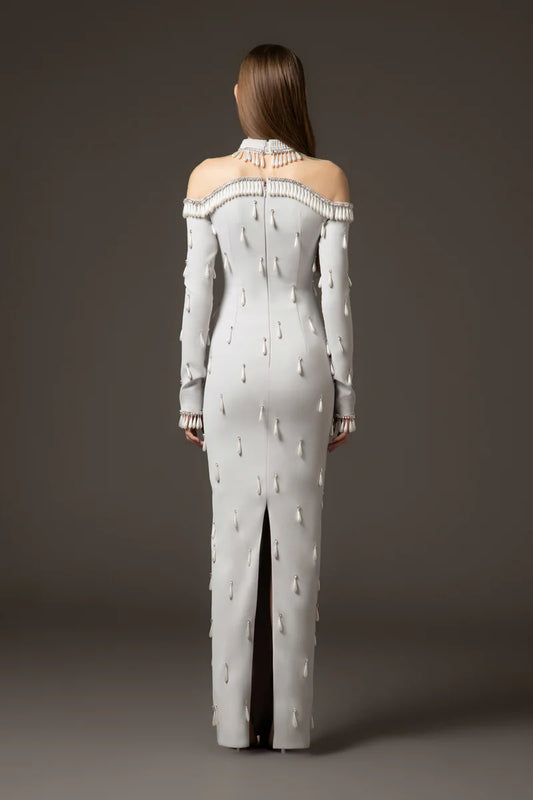 Light Grey Crêpe Dress with Crystals & Pearls