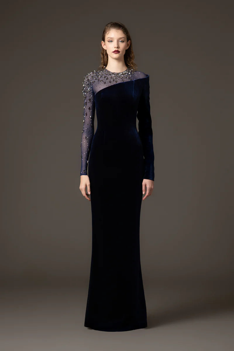 Asymmetric Velvet Blue Dress