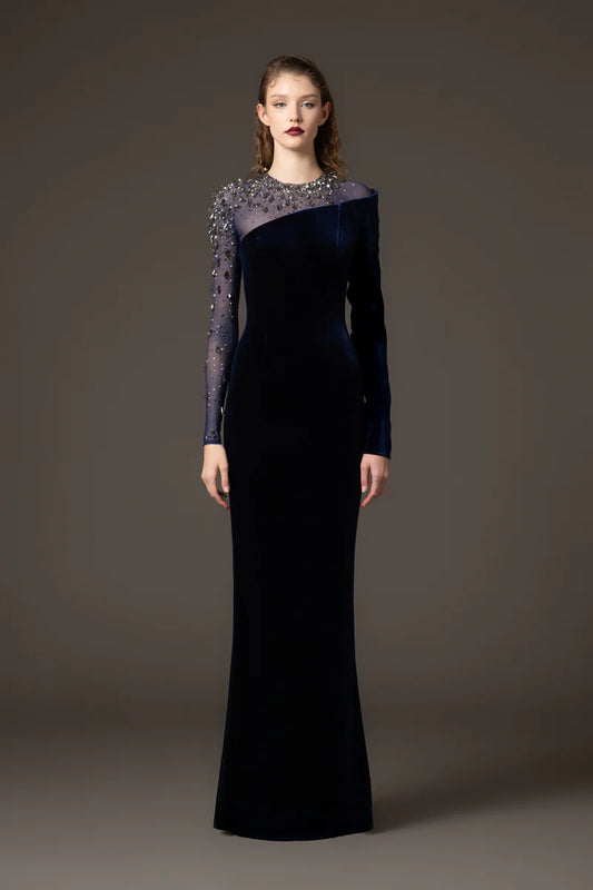Asymmetric Velvet Blue Dress