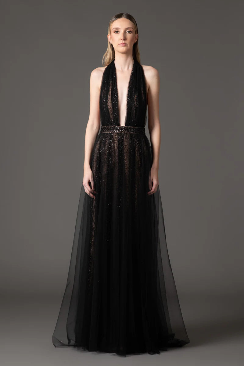 Embroidered Tulle Black Dress with Open Back