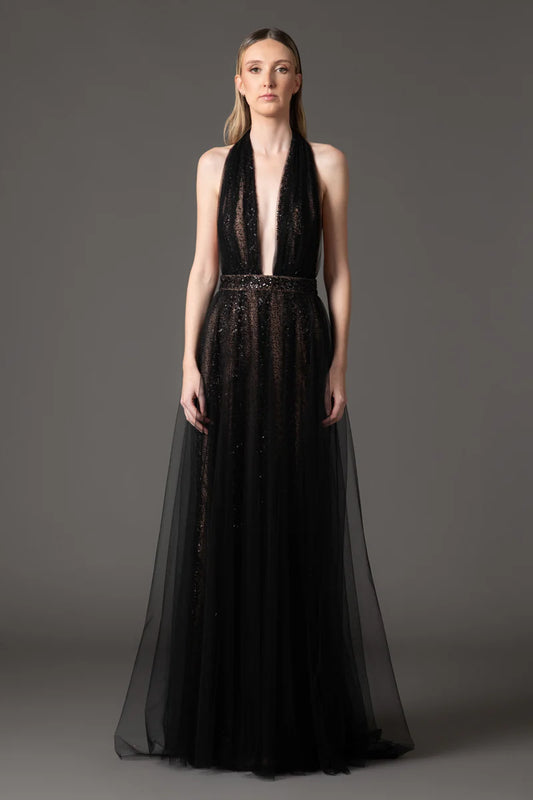 Embroidered Tulle Black Dress with Open Back