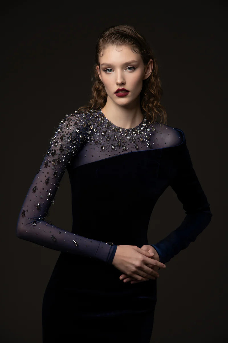 Asymmetric Velvet Blue Dress