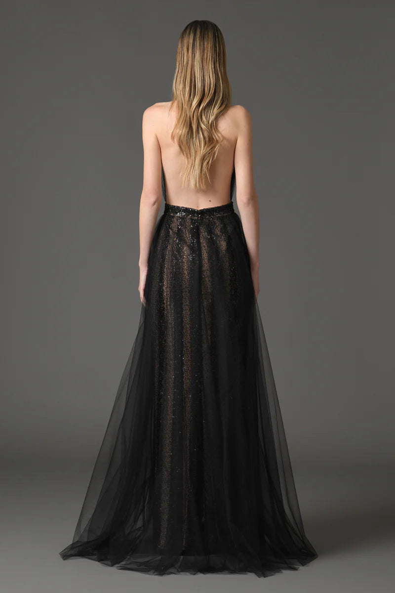 Embroidered Tulle Black Dress with Open Back