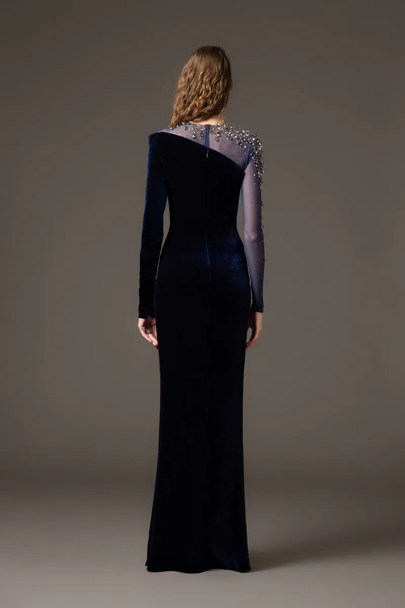 Asymmetric Velvet Blue Dress