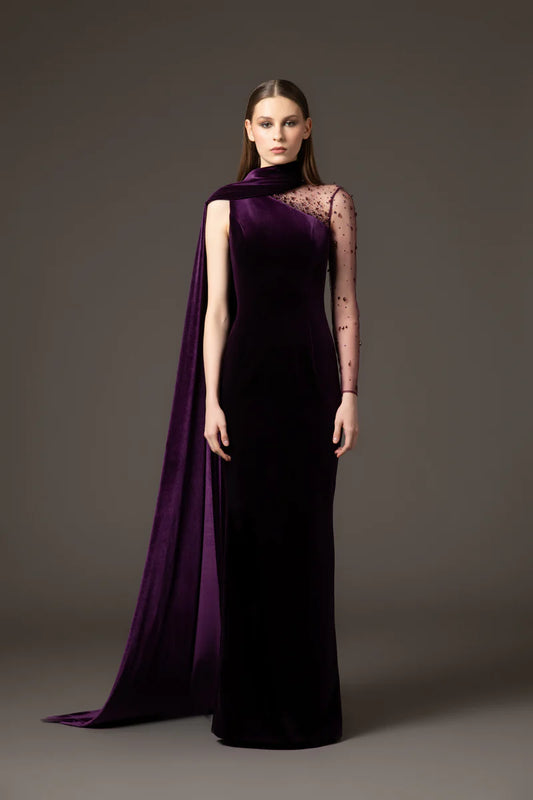 Velvet Burgundy Dress with One-Sided Cape