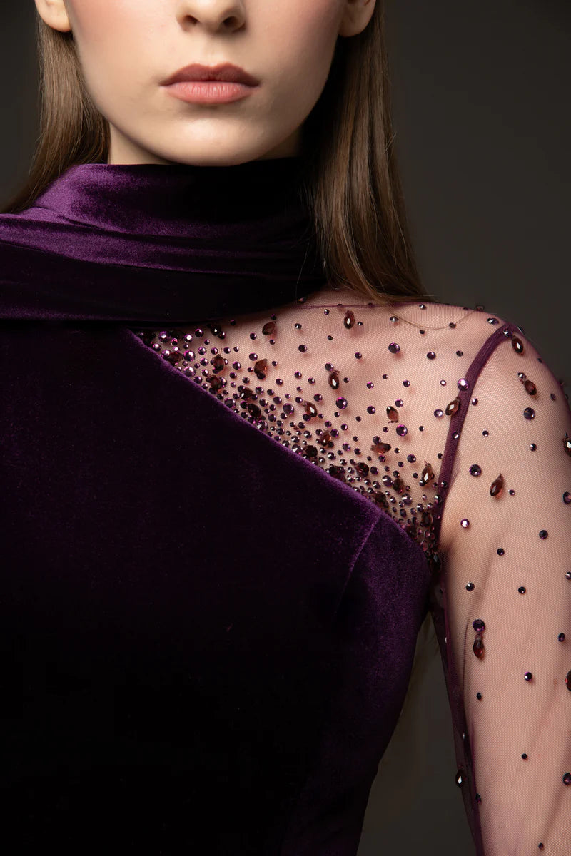 Velvet Burgundy Dress with One-Sided Cape