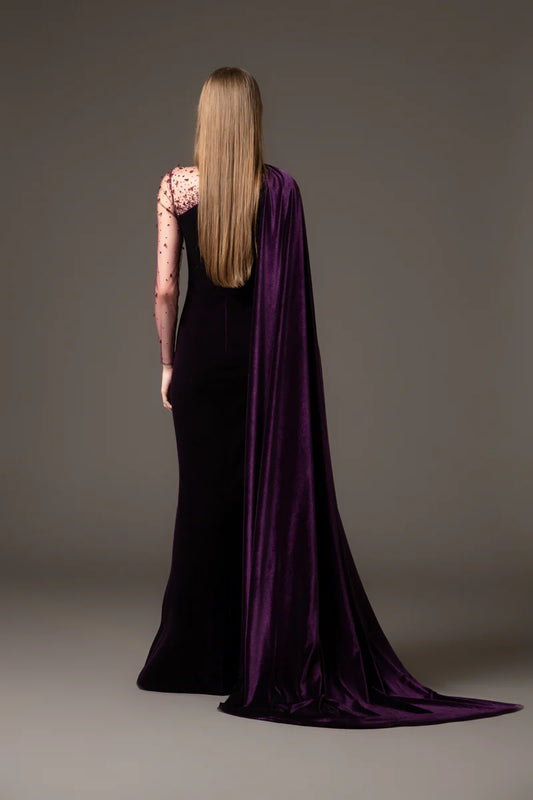 Velvet Burgundy Dress with One-Sided Cape