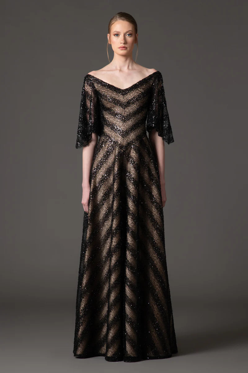 Embroidered Black Tulle Gown