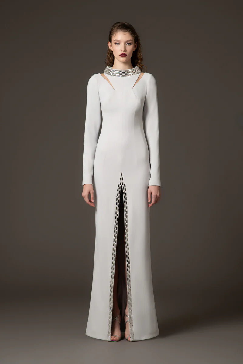 Crêpe Dress with Baguette Embroidery