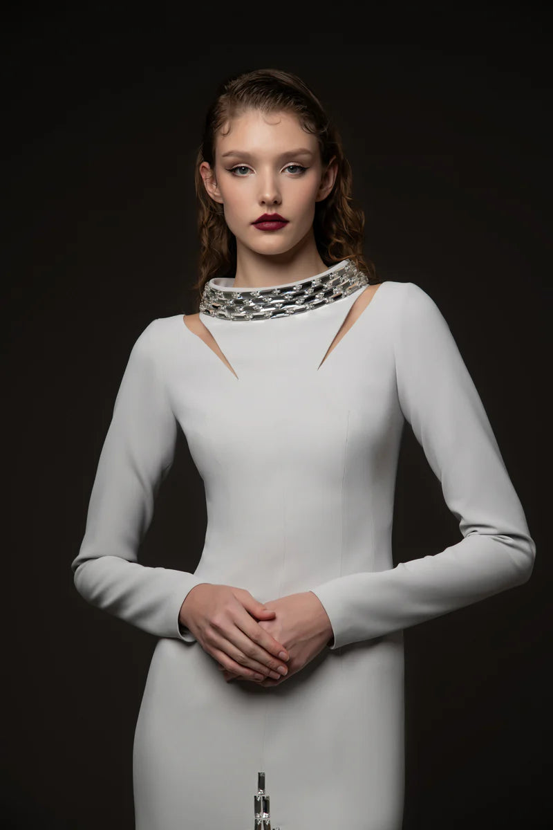 Crêpe Dress with Baguette Embroidery