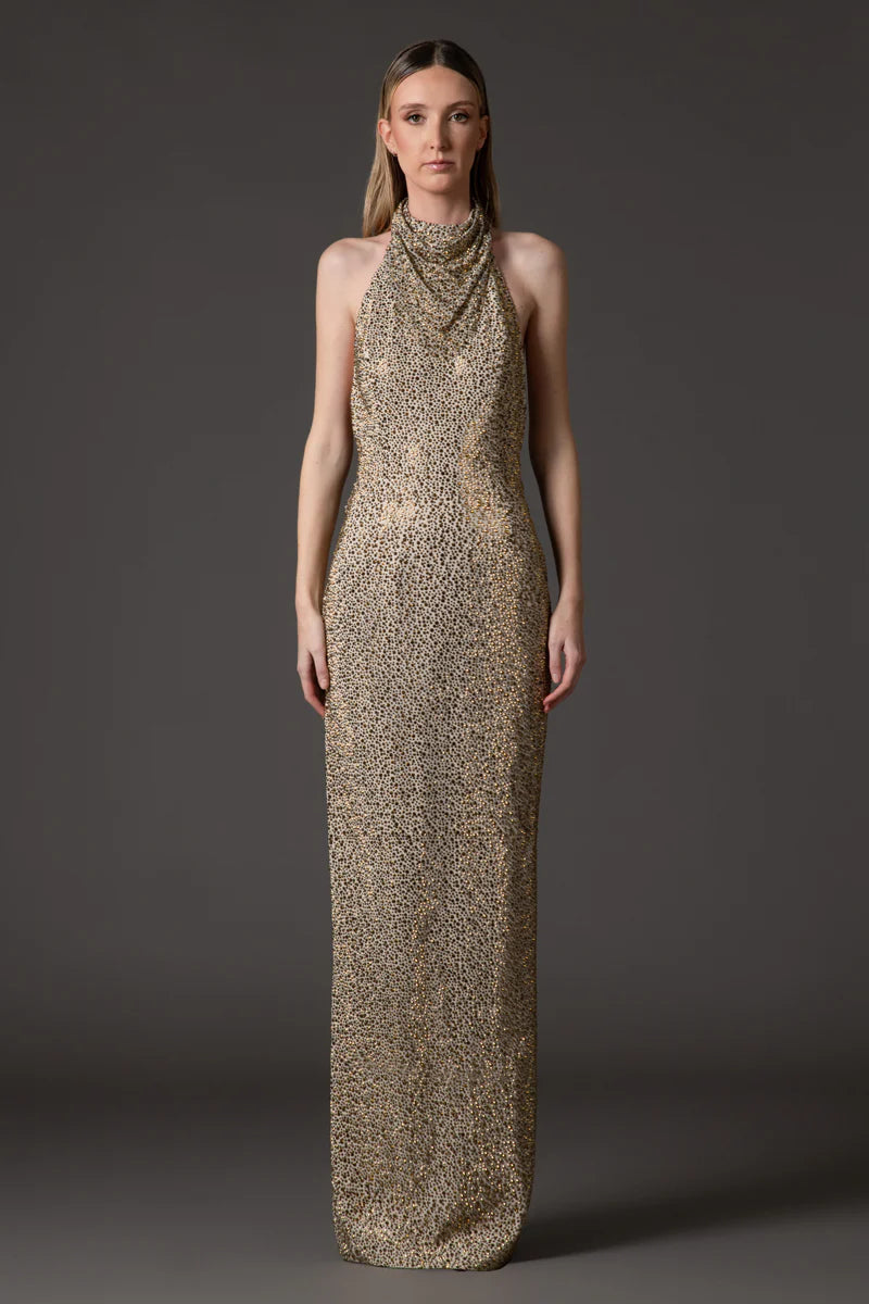 Embroidered Gold Halter Neck Dress