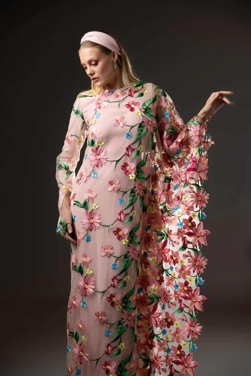 Pink Crêpe Abaya with Floral Embroidery