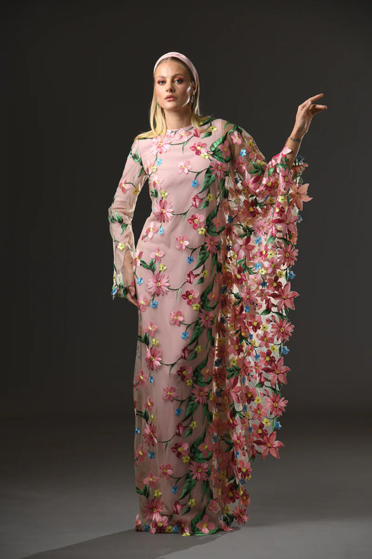 Pink Crêpe Abaya with Floral Embroidery