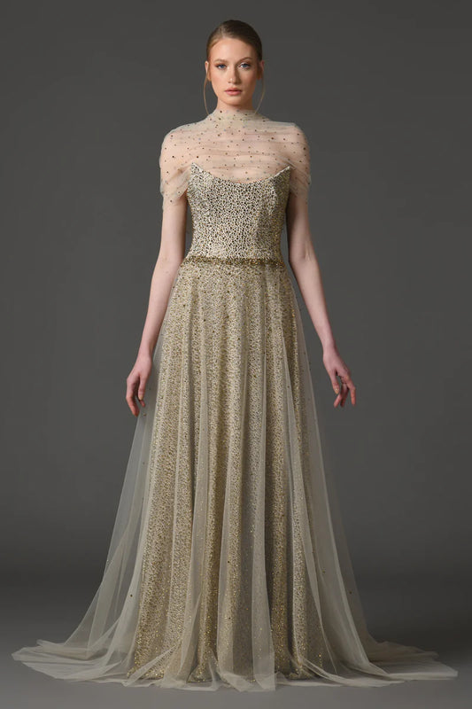 Embroidered Dress with Light Tulle