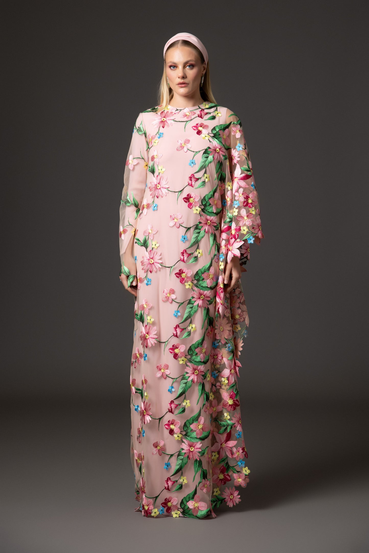 Pink Crêpe Abaya with Floral Embroidery