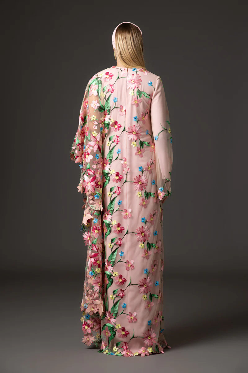 Pink Crêpe Abaya with Floral Embroidery