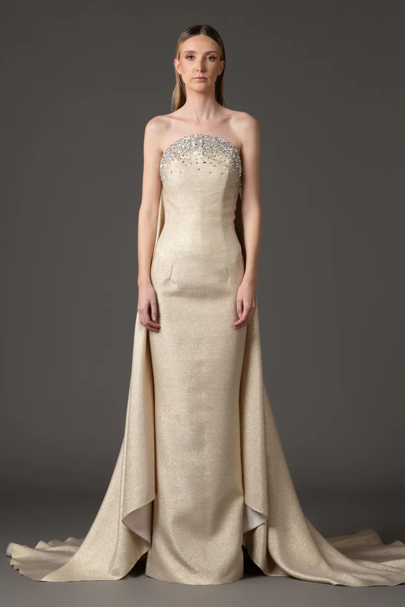 Embroidered Lamé Dress with Train
