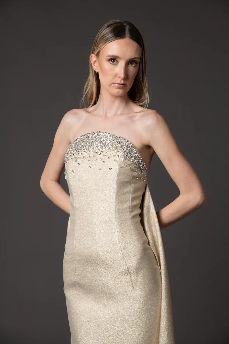 Embroidered Lamé Dress with Train