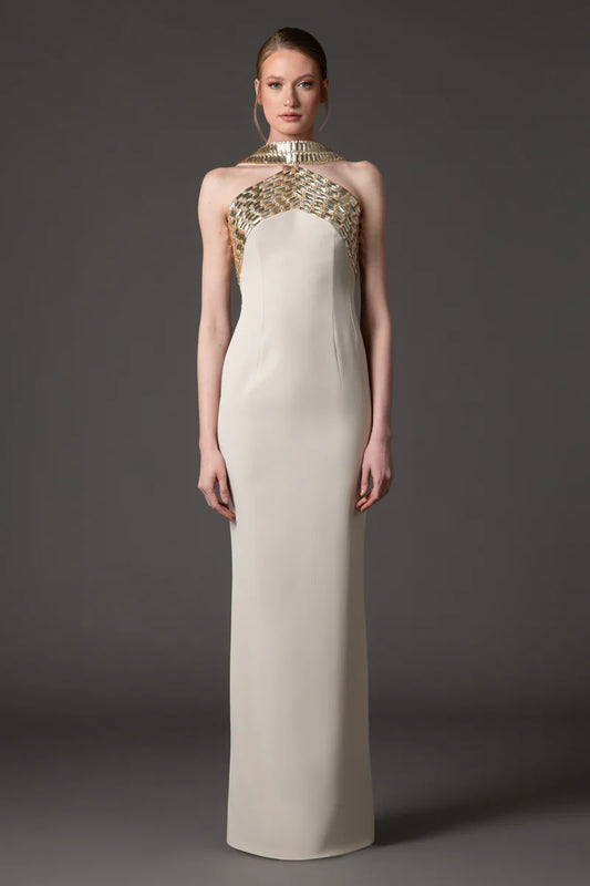 Crêpe Dress with Baguette Embroidery