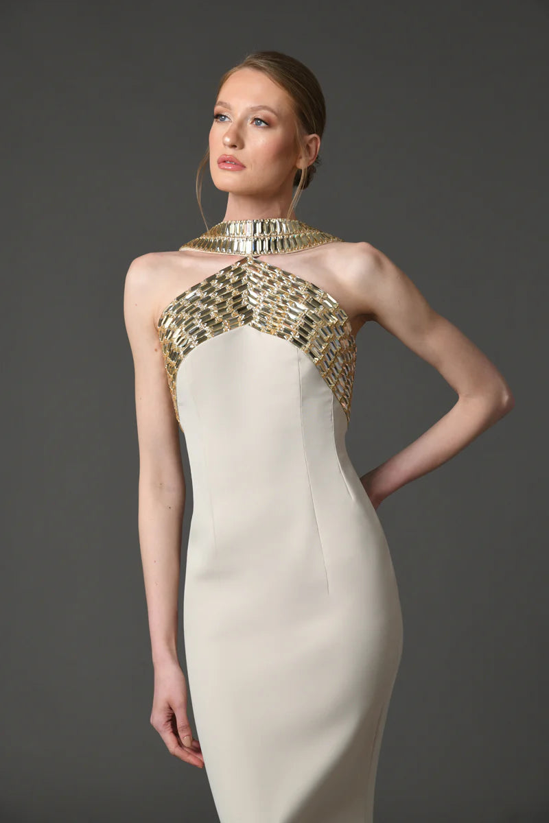 Crêpe Dress with Baguette Embroidery