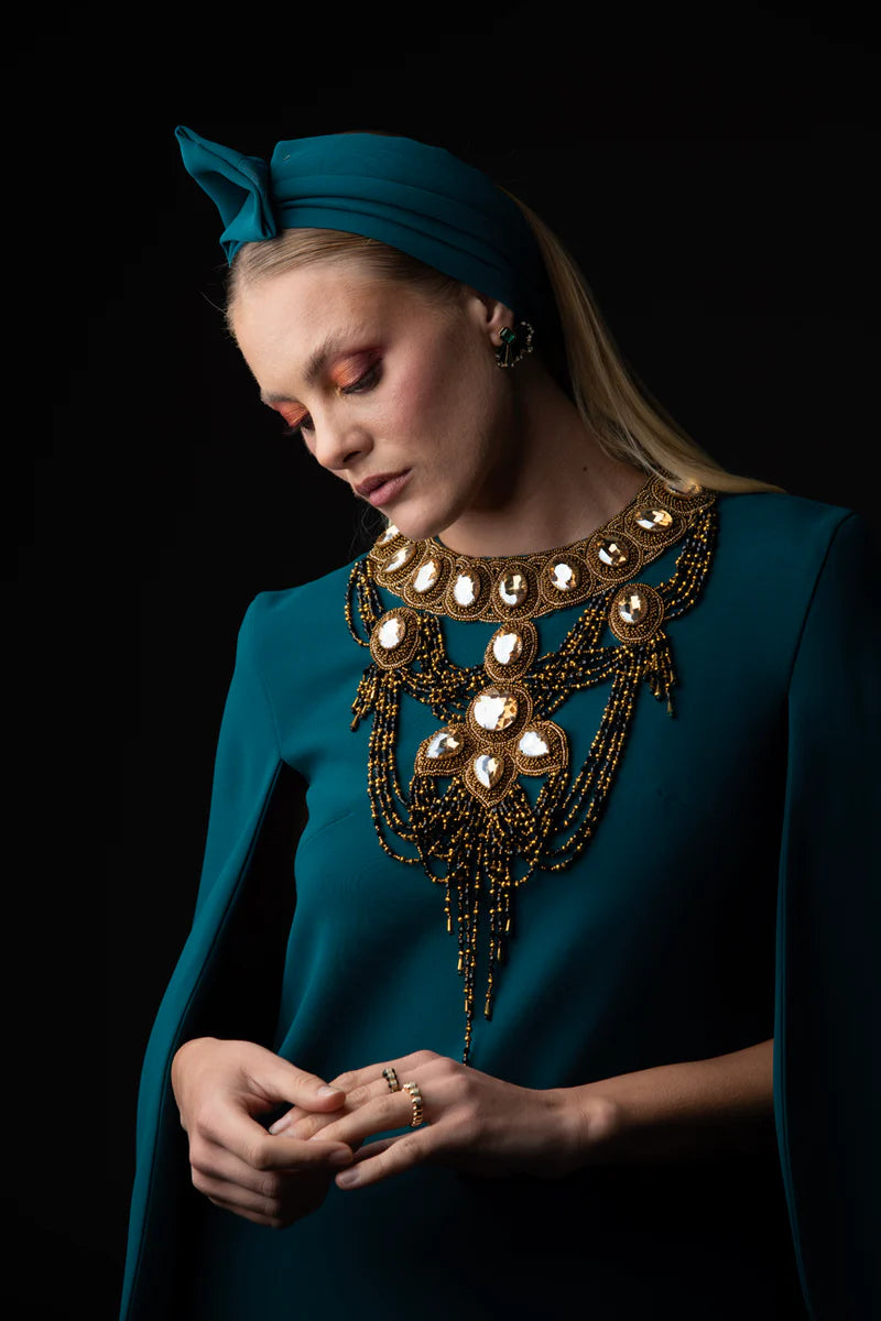Teal Crêpe Abaya with Embroidered Neck