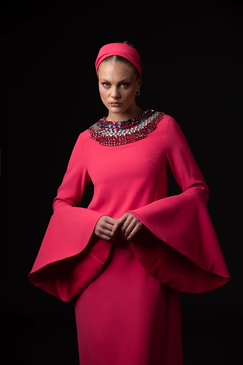 Coral Crêpe Abaya with Bell Sleeves