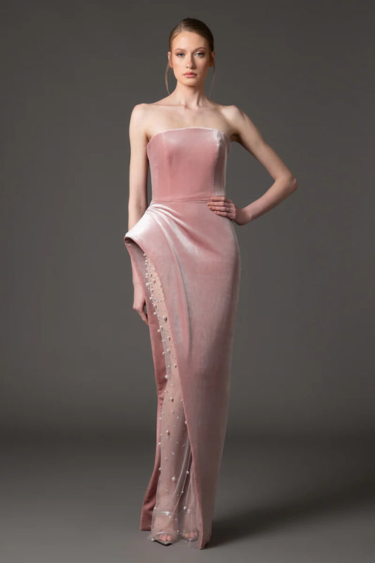 Vintage Rose Velvet Dress with Embroidery