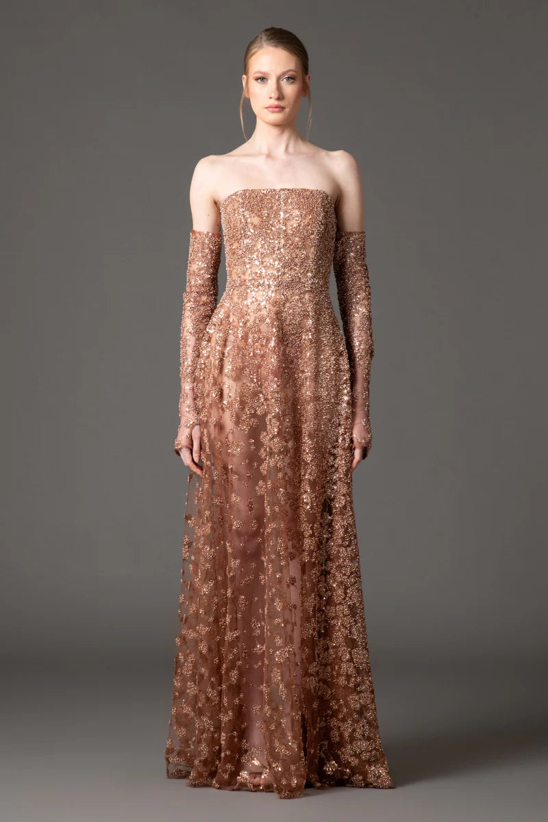 Brown Embroidered Tulle Gown
