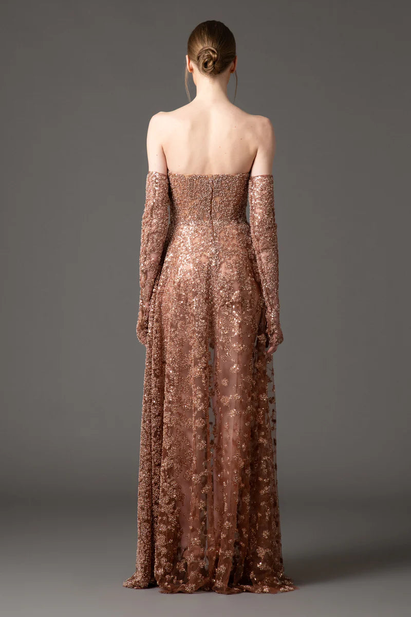 Brown Embroidered Tulle Gown