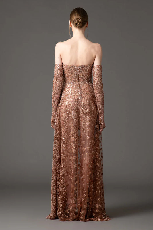 Brown Embroidered Tulle Gown