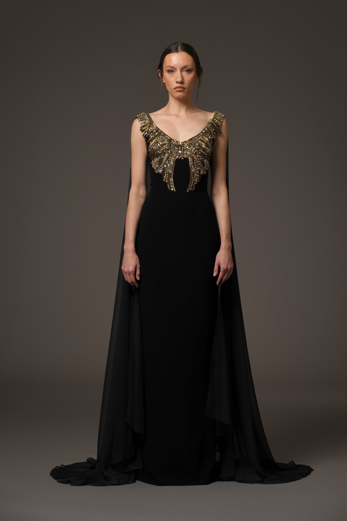 Black Crêpe Dress with Chiffon Cape