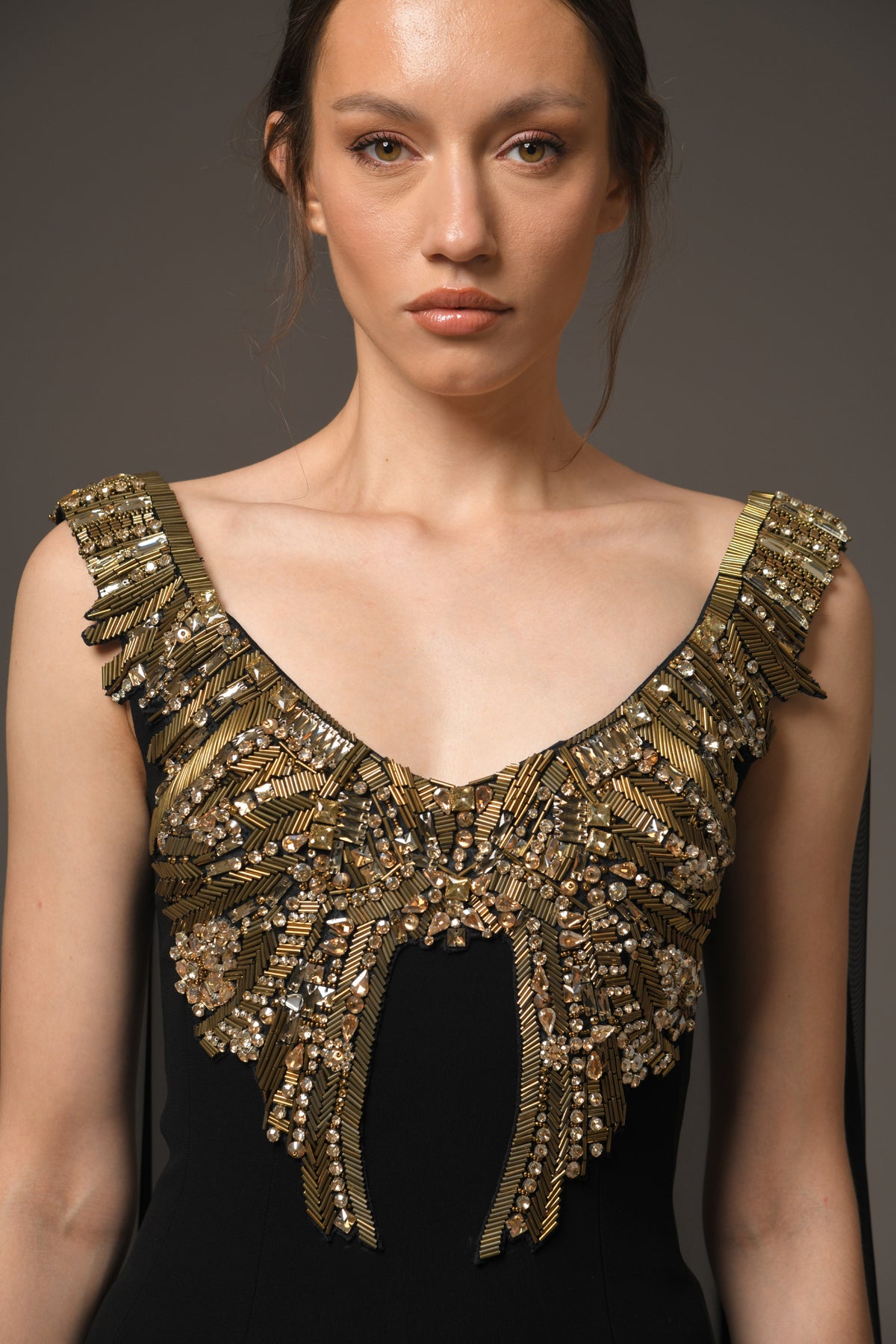 Black Crêpe Dress with Chiffon Cape