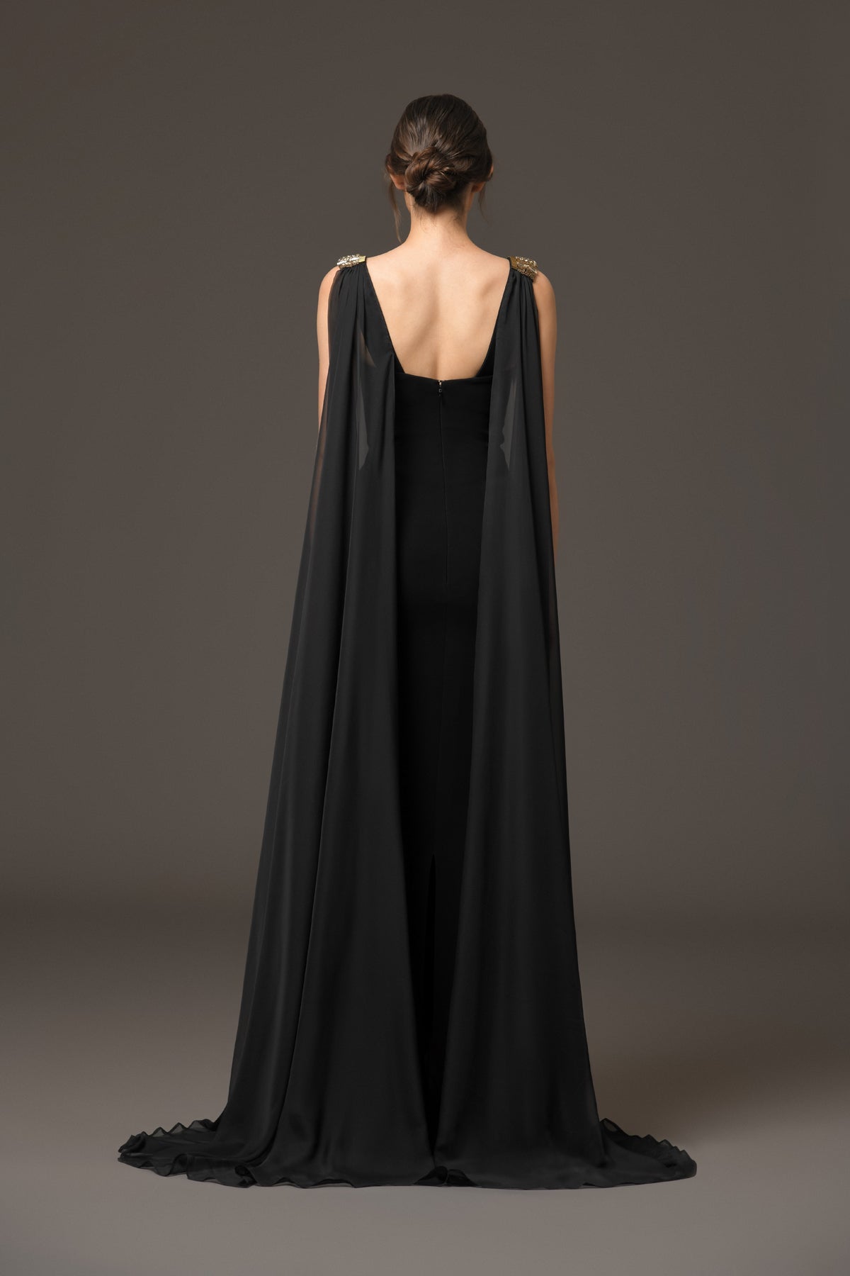 Black Crêpe Dress with Chiffon Cape