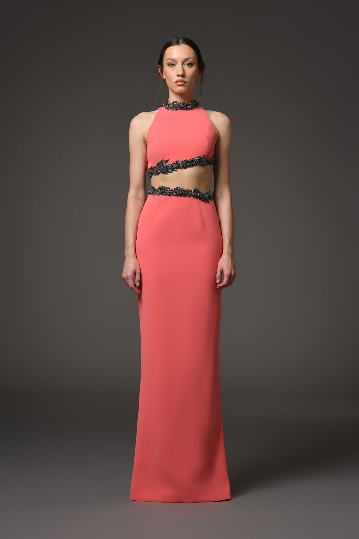 Coral Crêpe Dress with Waist Cutout