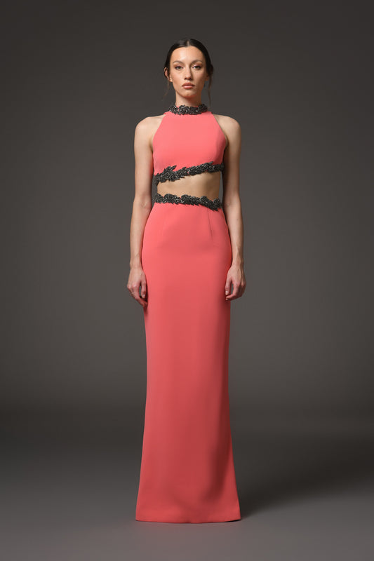 Coral Crêpe Dress with Waist Cutout
