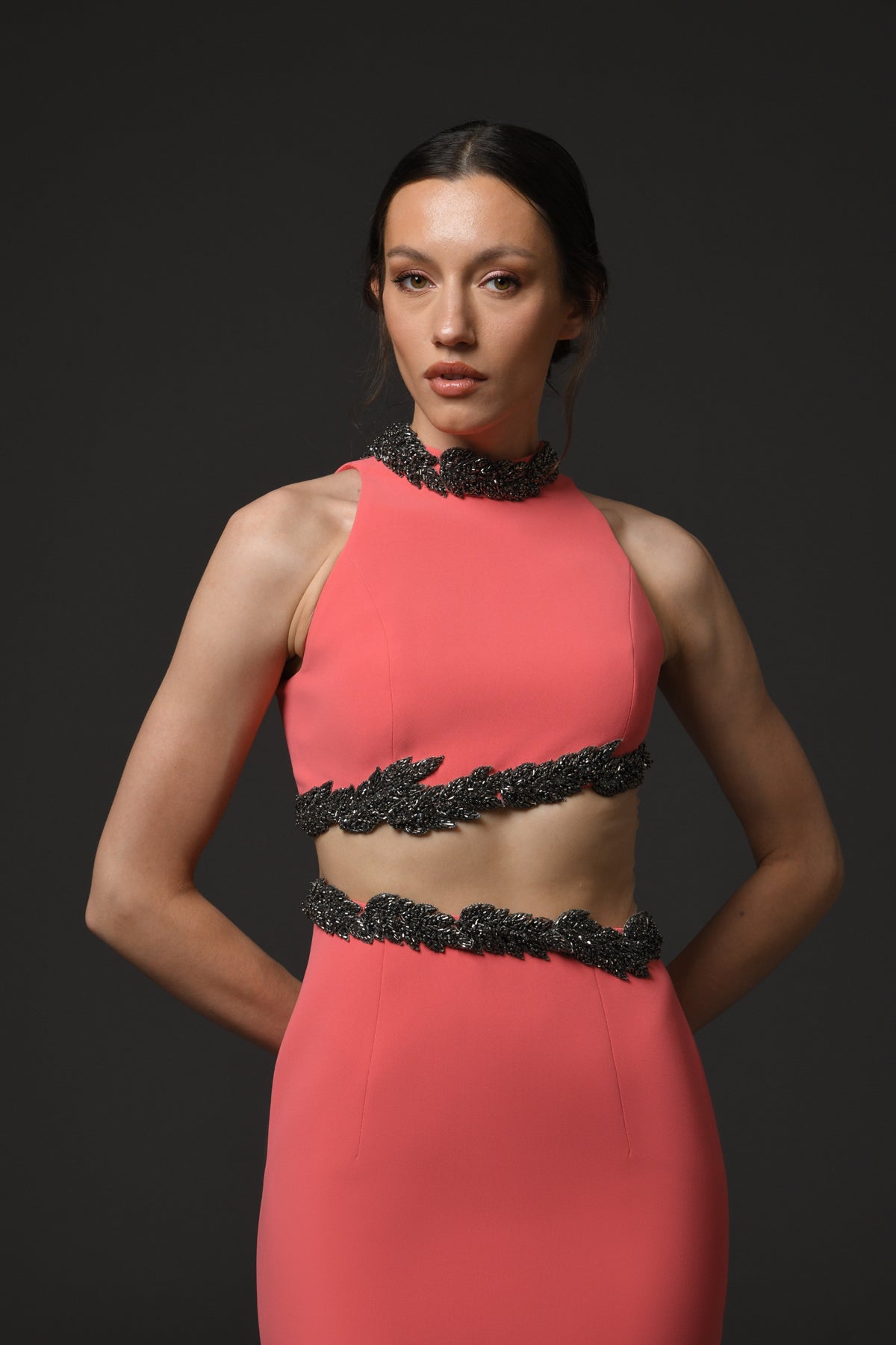 Coral Crêpe Dress with Waist Cutout