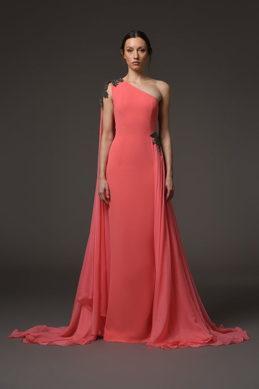 Coral Asymmetric Crêpe Embroidered Dress