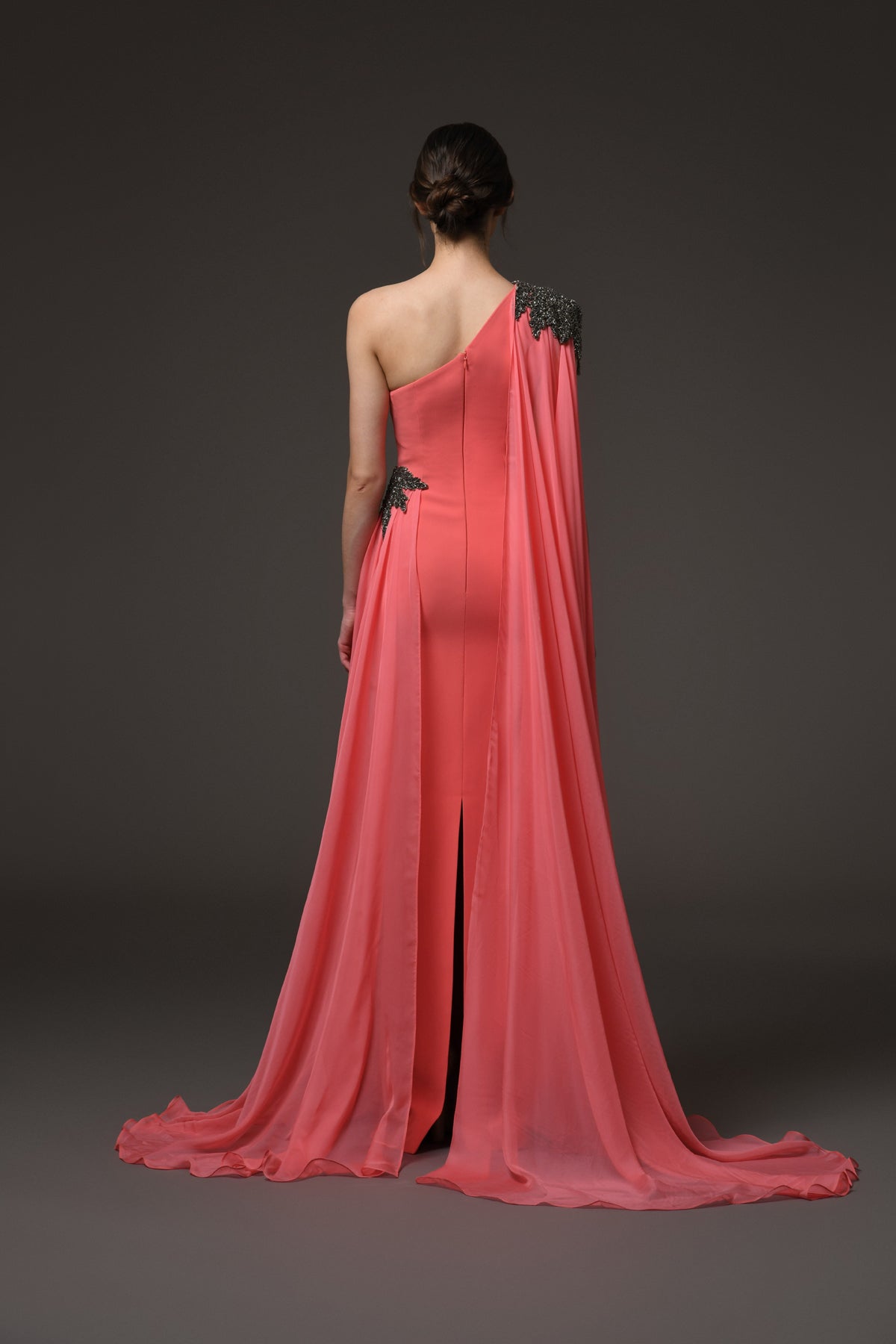 Coral Asymmetric Crêpe Embroidered Dress