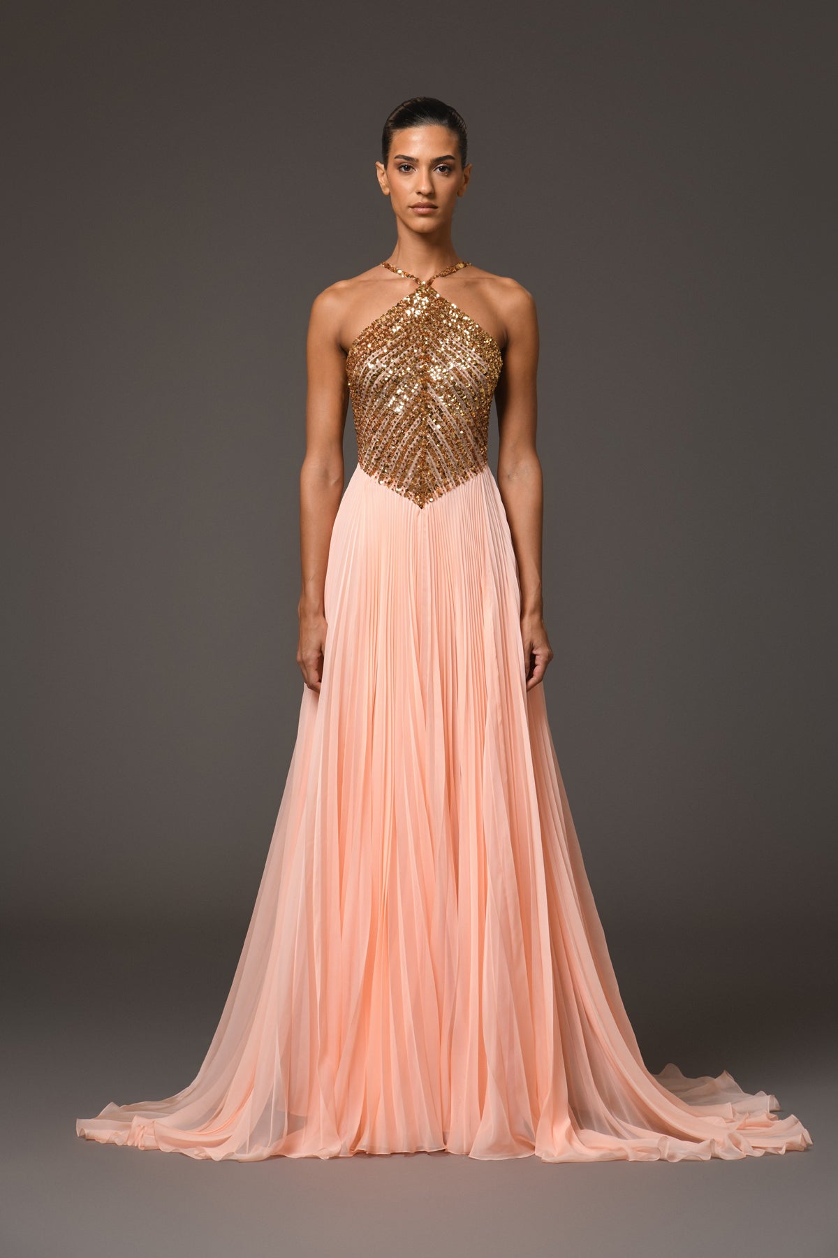 Halter Neck Peach Plissé Dress