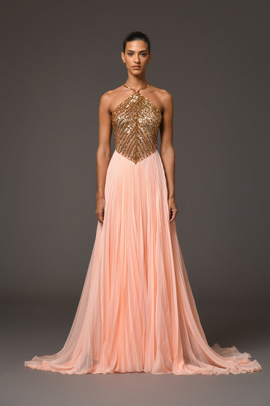 Halter Neck Peach Plissé Dress