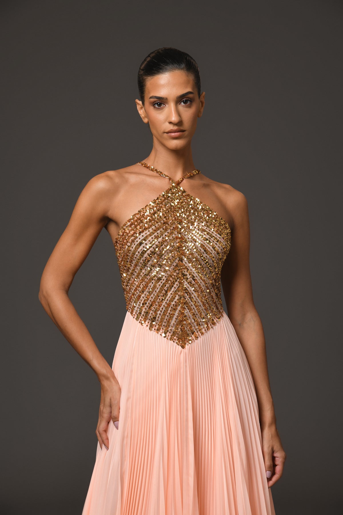 Halter Neck Peach Plissé Dress