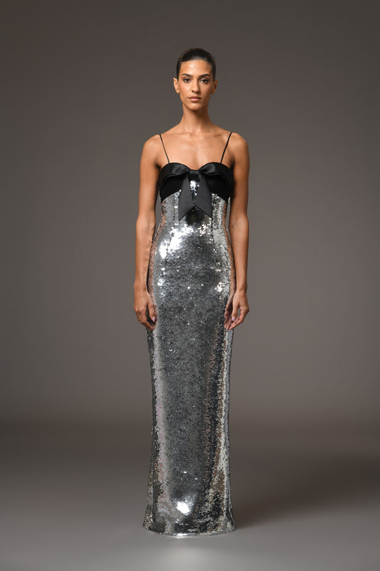 Grey Sequined Dress with Bow Detail