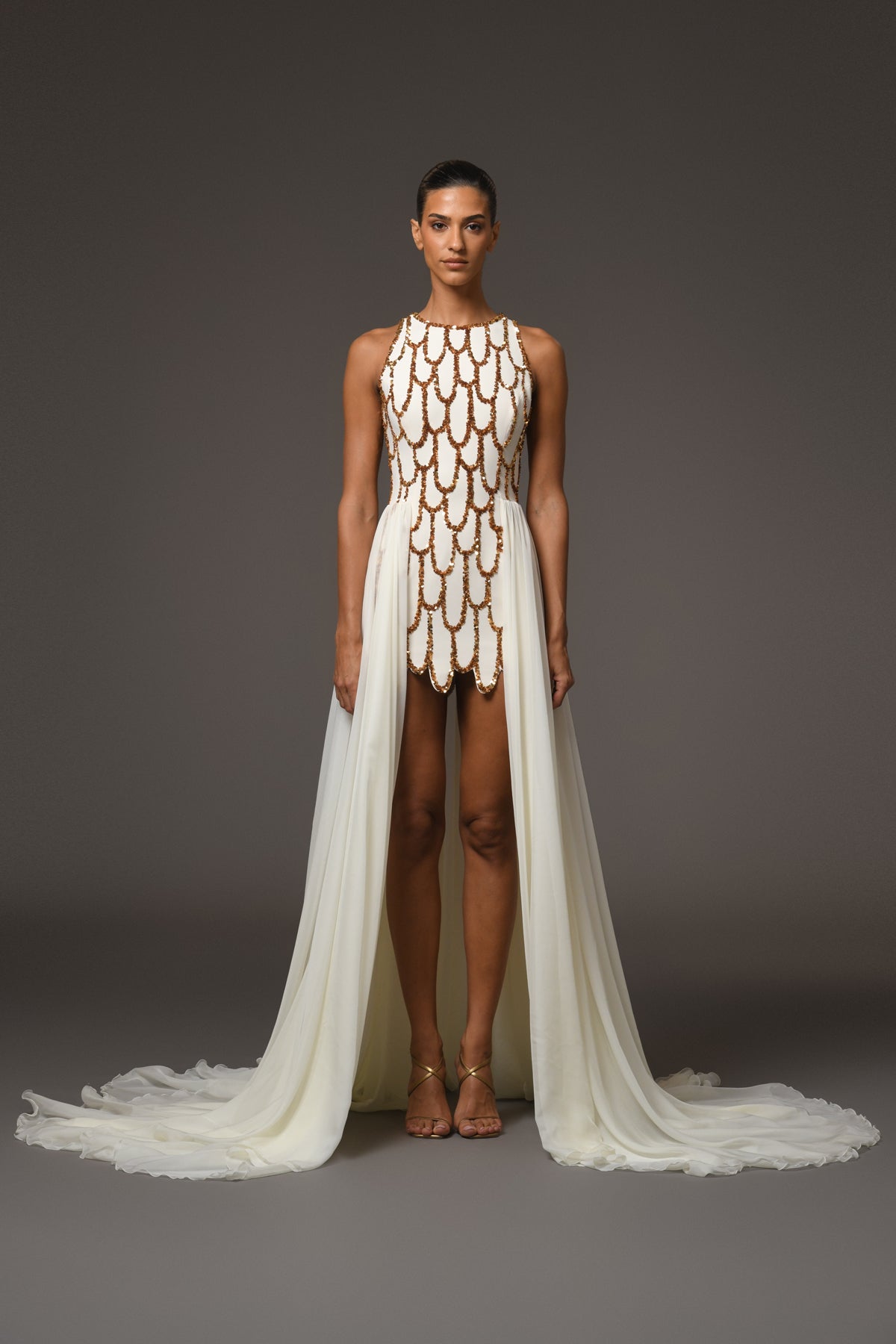 Short Crêpe Embroidered Dress with Overskirt