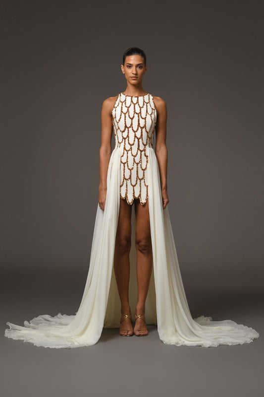 Short Crêpe Embroidered Dress with Overskirt