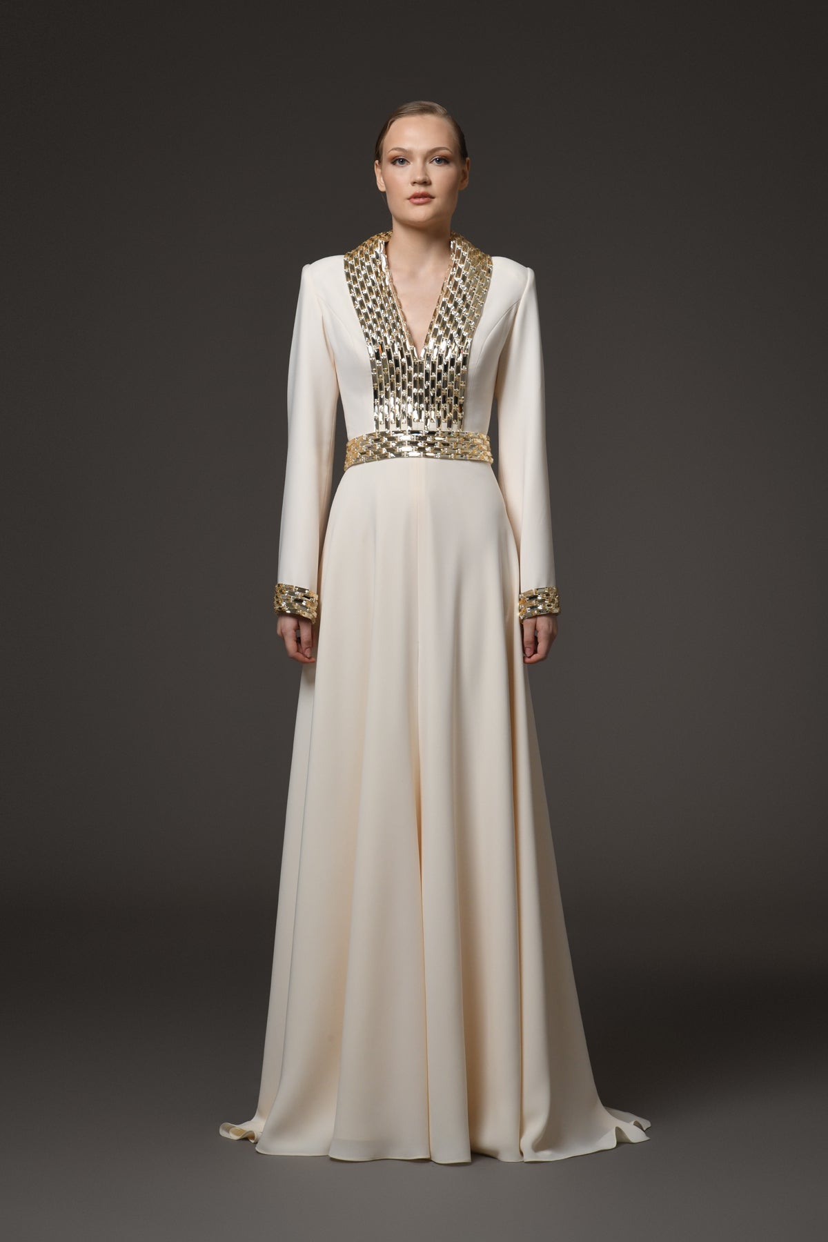 Ivory Crêpe Dress with Baguette Embroidery