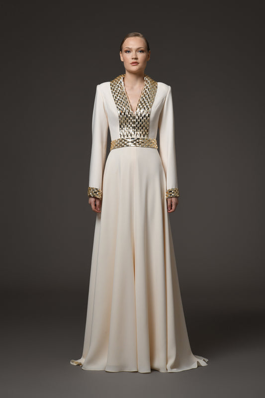 Ivory Crêpe Dress with Baguette Embroidery