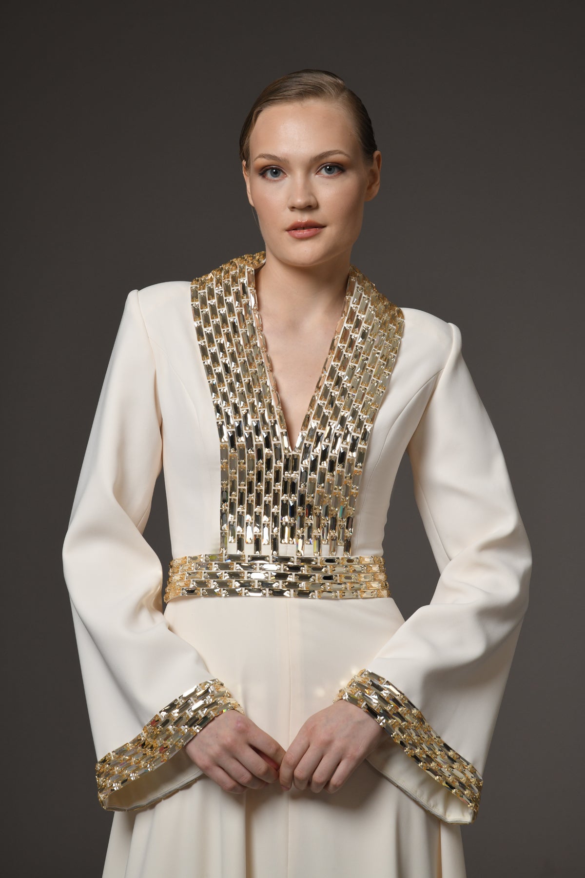 Ivory Crêpe Dress with Baguette Embroidery