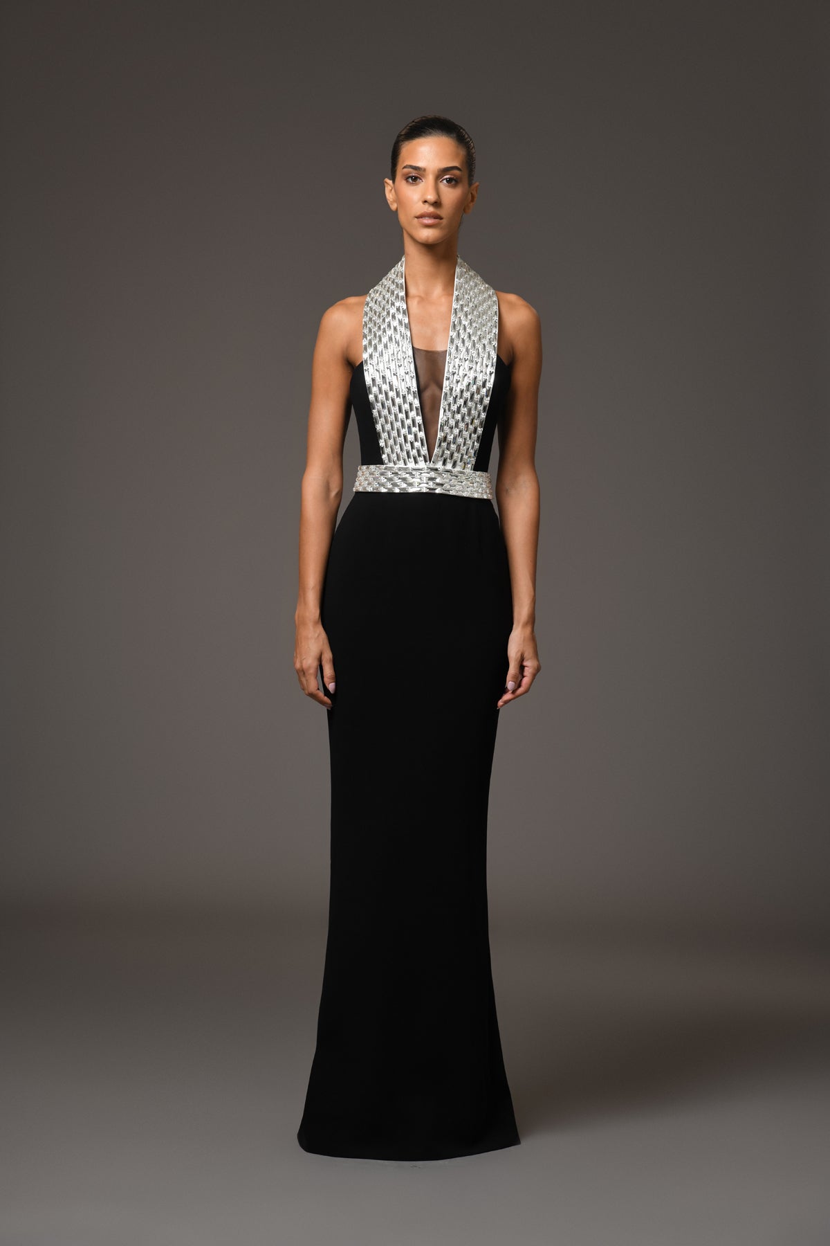 Black Crêpe Dress with Baguette Embroidery