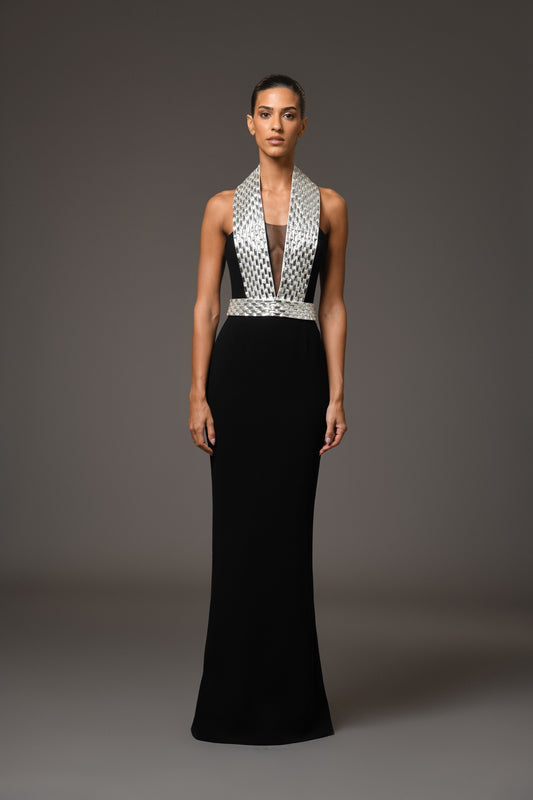 Black Crêpe Dress with Baguette Embroidery