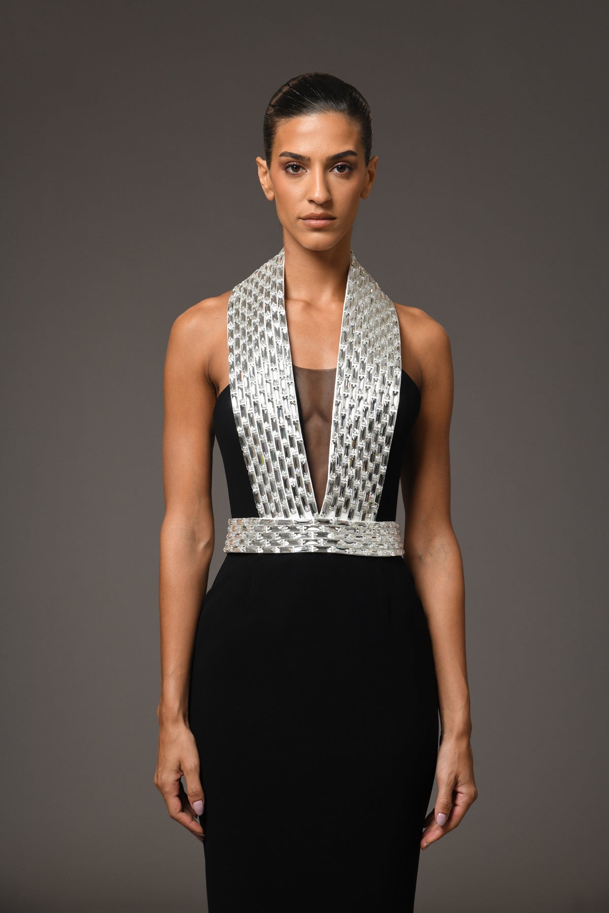 Black Crêpe Dress with Baguette Embroidery